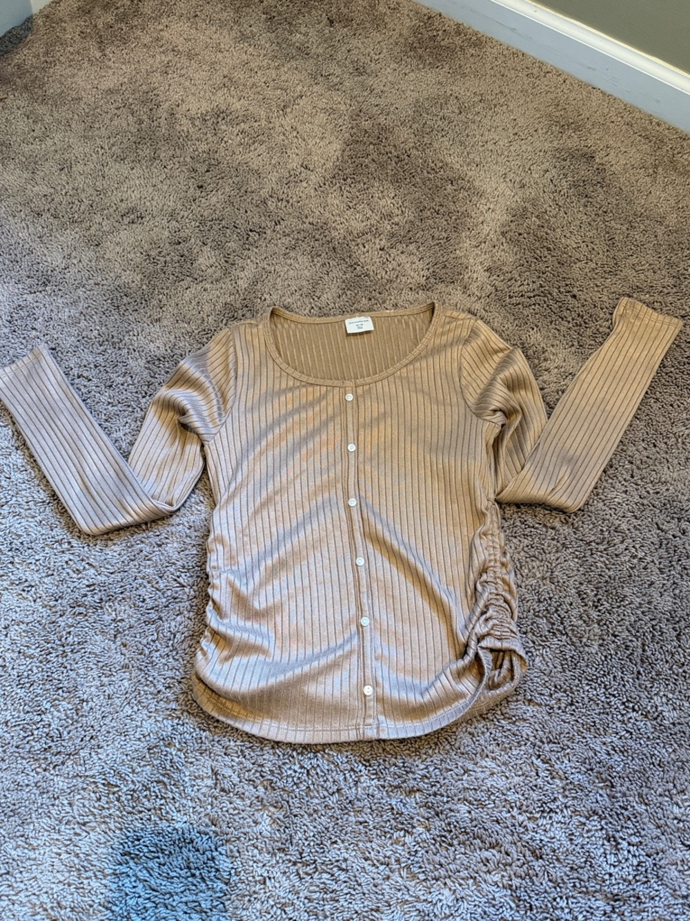 abercrombie kids Ribbed Scoop Neck Button Top - Beige/Tan